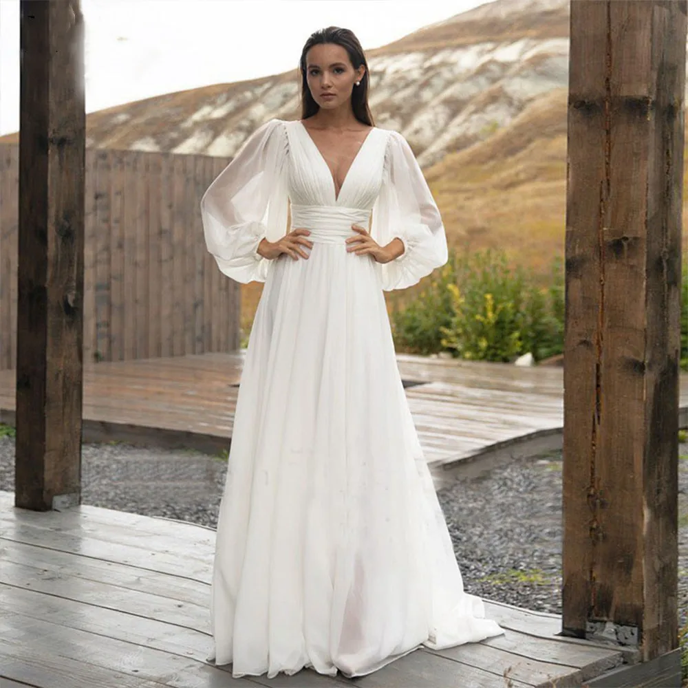 

Simple White Chiffon Wedding Dresses Puffy Sleeves Ruched V Neck A Line Beach Bridal Gowns Sweep Train Robe De Mariée Vestidos