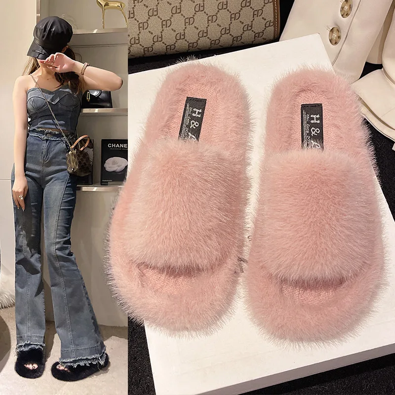 

Large size woolly slippers female 2023 autumn and winter new Korean version of round head comfortable home cotton slippers