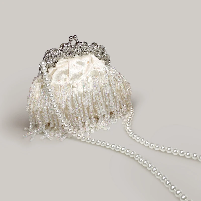 

Beaded Tassel Coin Purse Clutch Bag for Women Pearl Chain Satin Small Bag Elegant Tote Bag for Women Banquet Party 2022 New