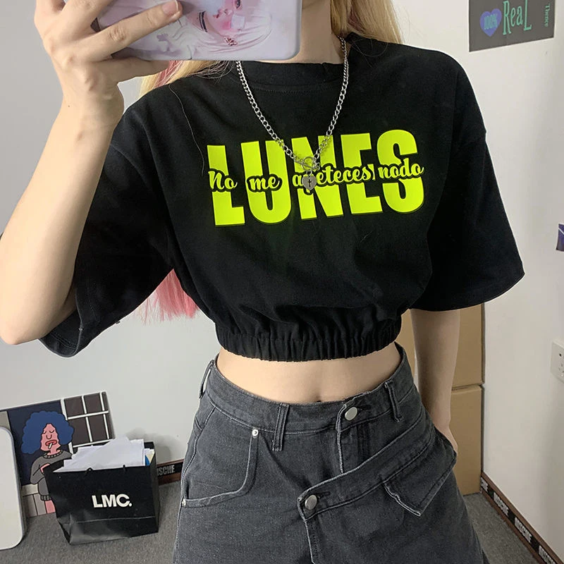 

Y2K Street Style Crop Top Sexy Fashion O-Neck Top Tee 2023 New Summer Harajuku Short Sleeve Letter Printed Women Cotton T Shirt