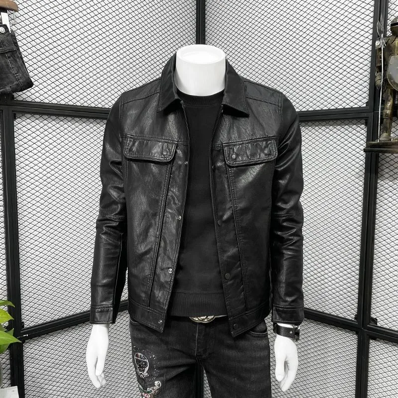 Куртка мужская демисезонная из искусственной кожи приталенный силуэт короткая