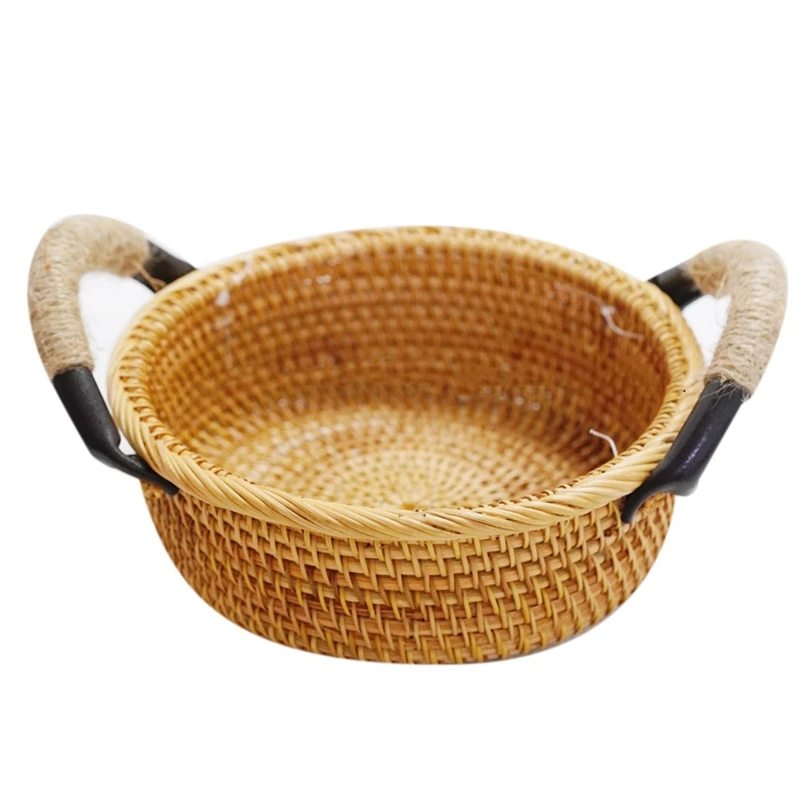 

Rattan Round Basket Tray With Handle,Fruit Food Storage Platters For Breakfast Drink Snack Coffee Tea Cookie Tray