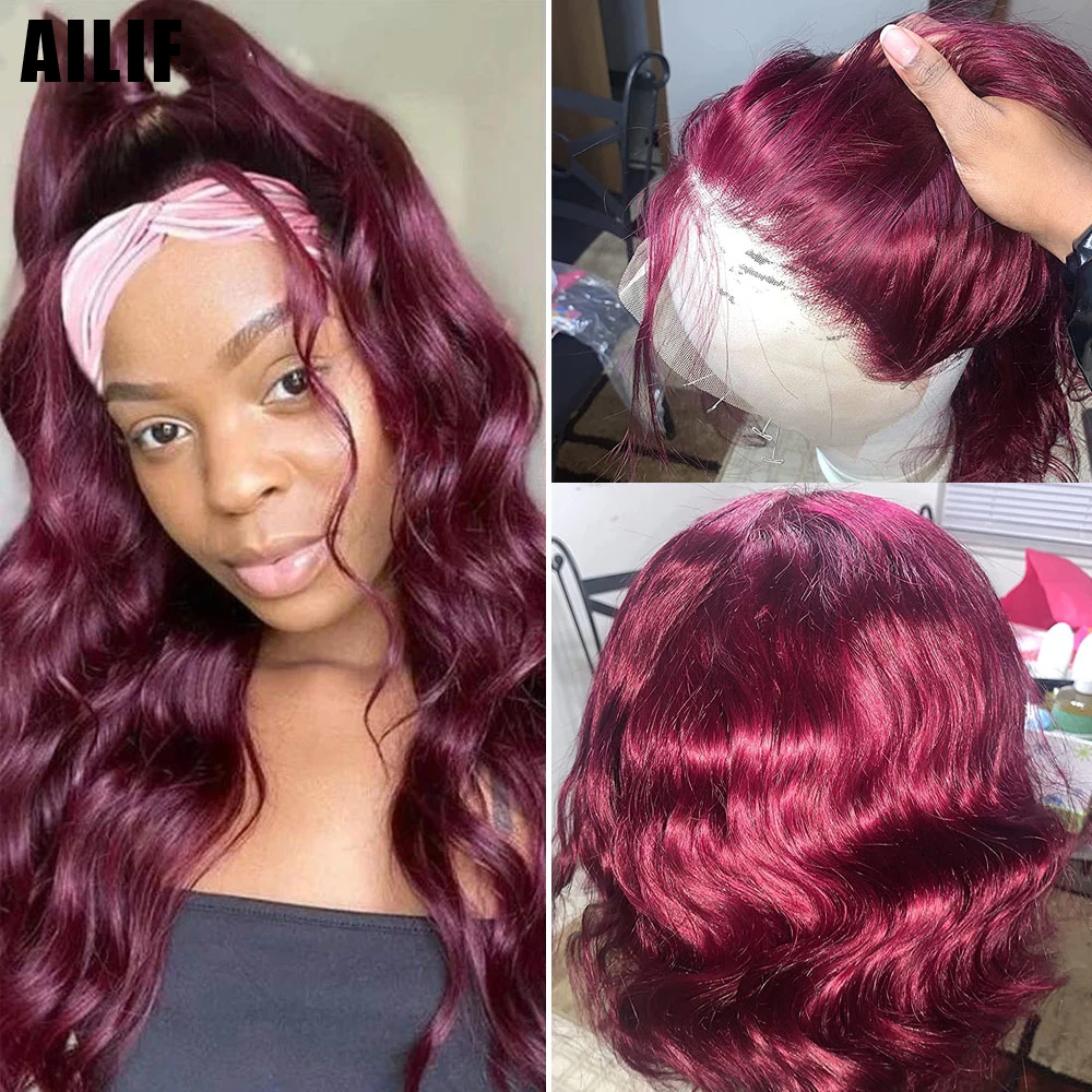 

99J Body Wave Lace Frontal Wig Pre Pluck Peruvian Burgundy Lace Front Wig Human Hair Curly Colored Transpant Lace Wigs Red Women