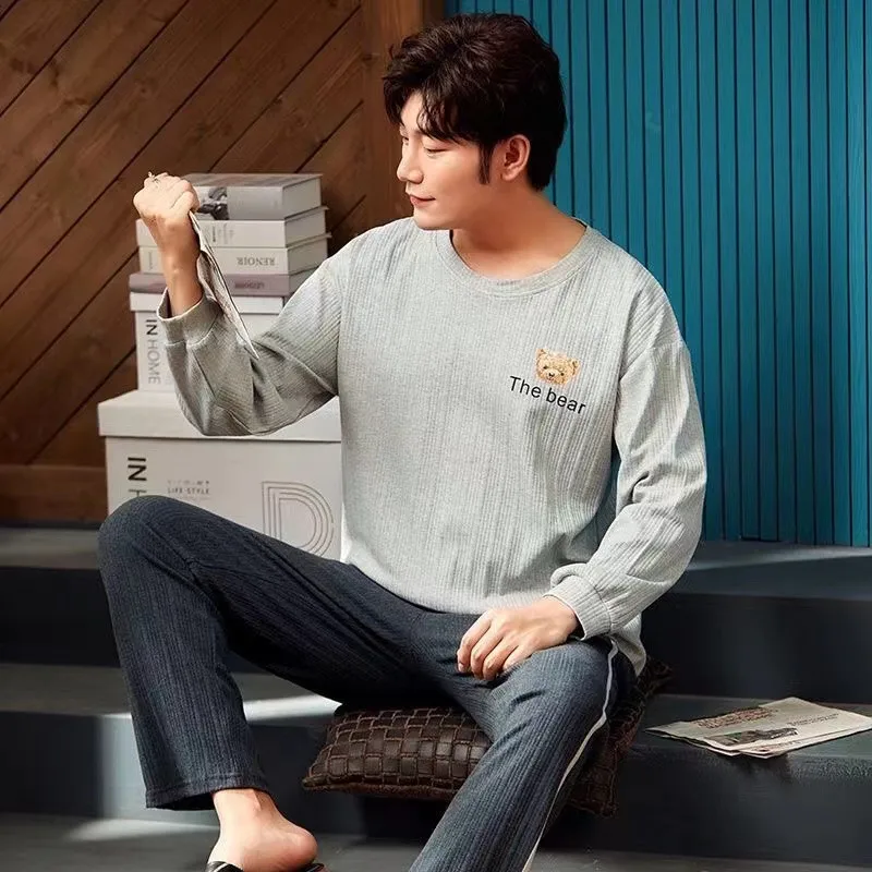 Spring Autumn Pajamas Set For Men Long Sleeve Male Round Neck 100% Cotton Pyjamas Suits Home Clothes Leisure Lounge Sleepwear