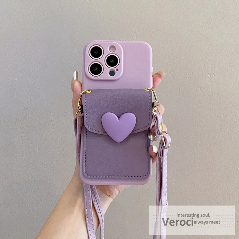 3D Love Heart Wallet Leather Crossbody Lanyard Phone Case For iPhone 15 16 13 14 12 Pro Max X XS Cover Bag Plus