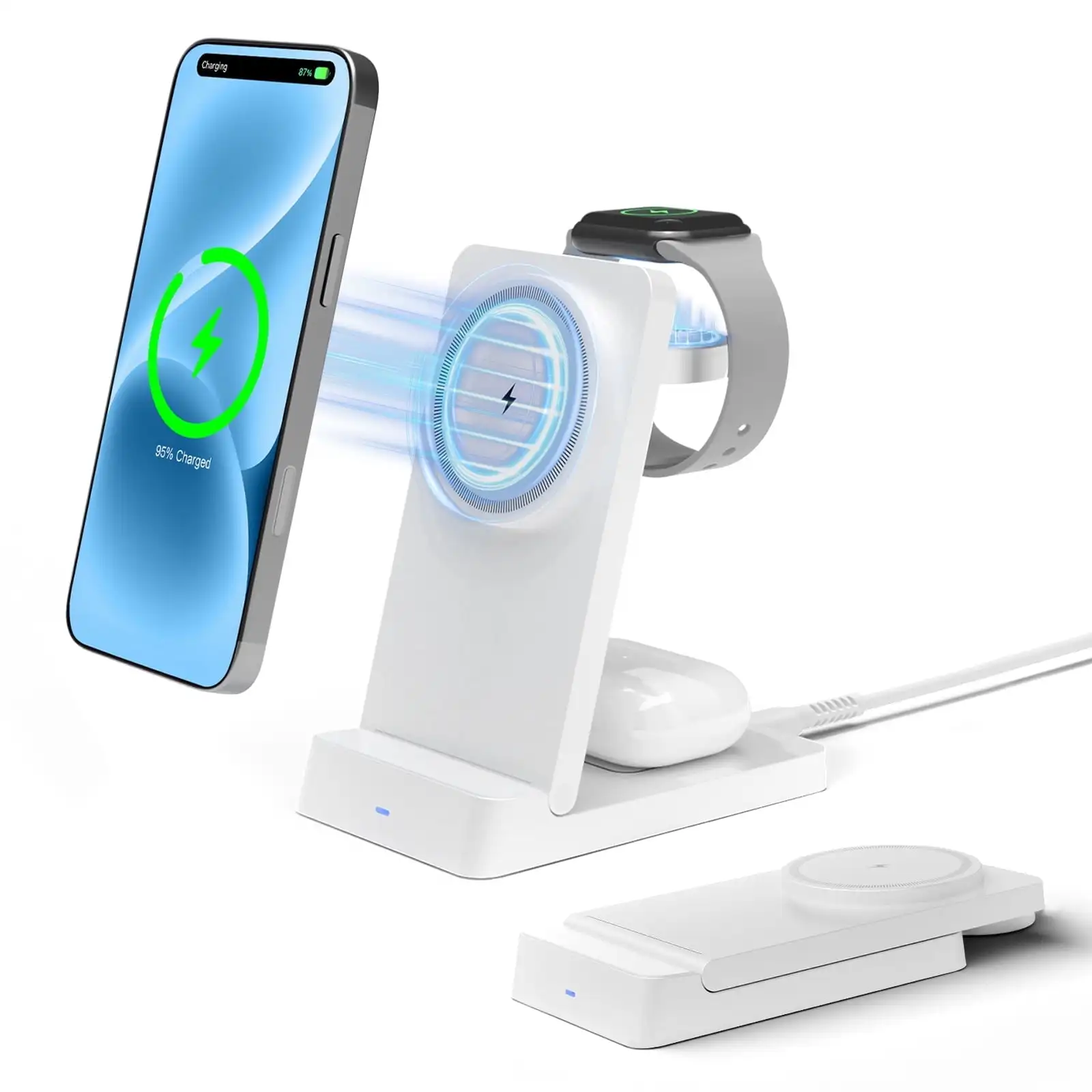 Фото Магнитная беспроводная зарядная станция 3-в-1 для iPhone 17 16 15 14 13 12, iWatch, AirPods Pro 4 3 2, складная, быстрая зарядка №1