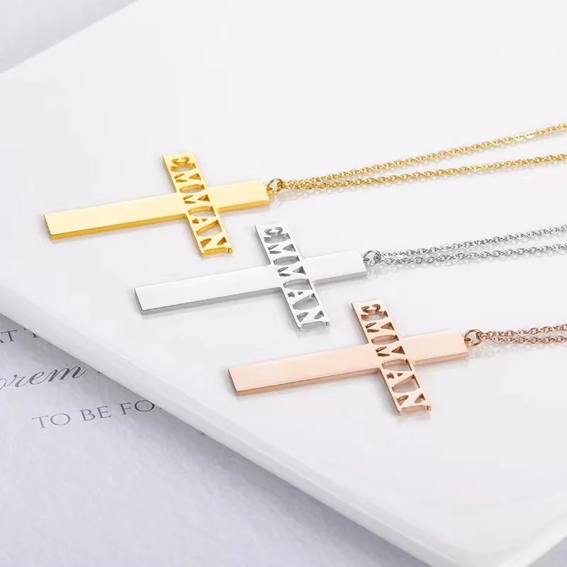 

Custom Name Necklace with Cross Pendant Personalized Hollow Nameplate Stainless Steel Unisex Religious Jewelry Best Gift