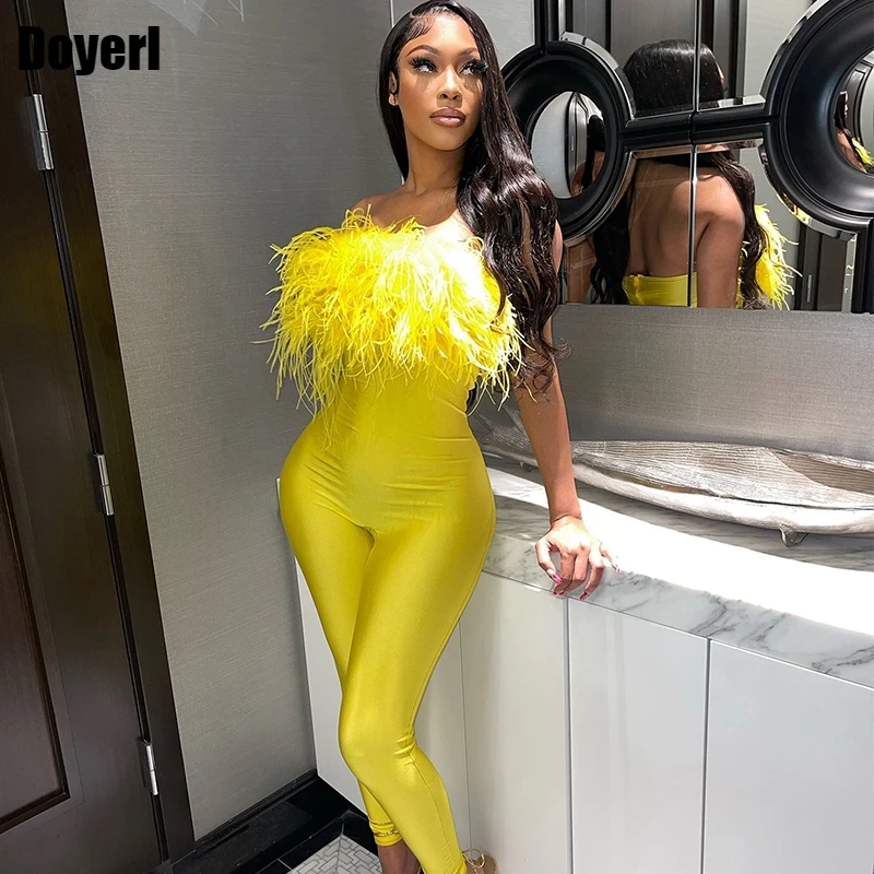 

Комбинезон женский облегающий длинный, пикантный элегантный клубный ромпер с перьями для вечеринки, дня рождения, лето