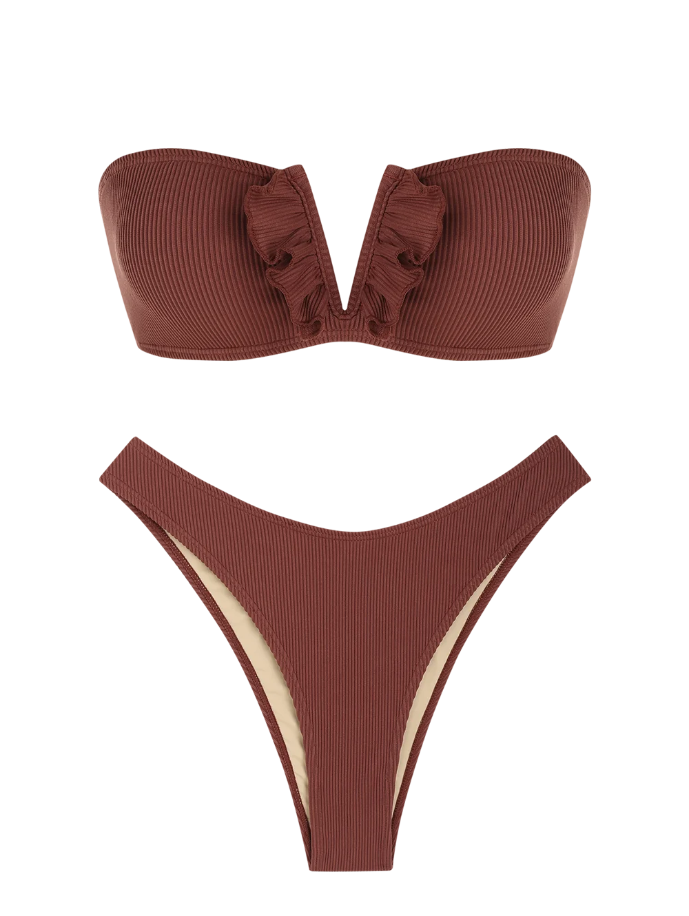 ZAFUL женский комплект бикини-бандо с v-образным вырезом и высокими штанинами