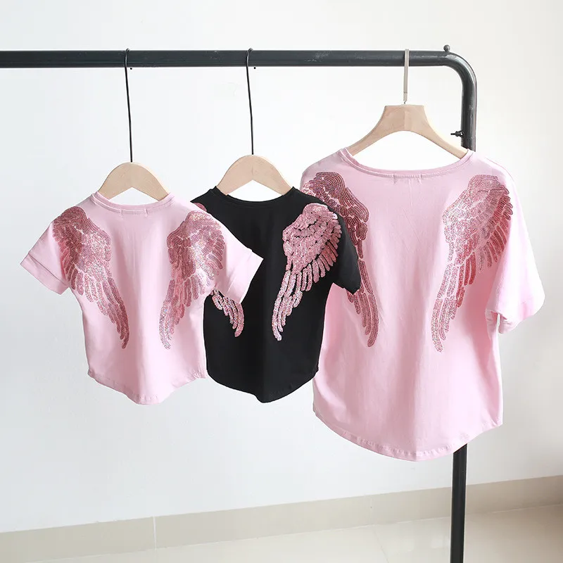 

Mother Daughter Cartoon T-shirts for Family Summer Matching Clothing Angel Wings Sequin Embroidery Adult Kids Shirt Tops