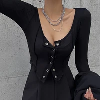 2022 spring new fashion black t shirts women v neck low cut tops female skinny basic casual t shirt button short sexy tees femme