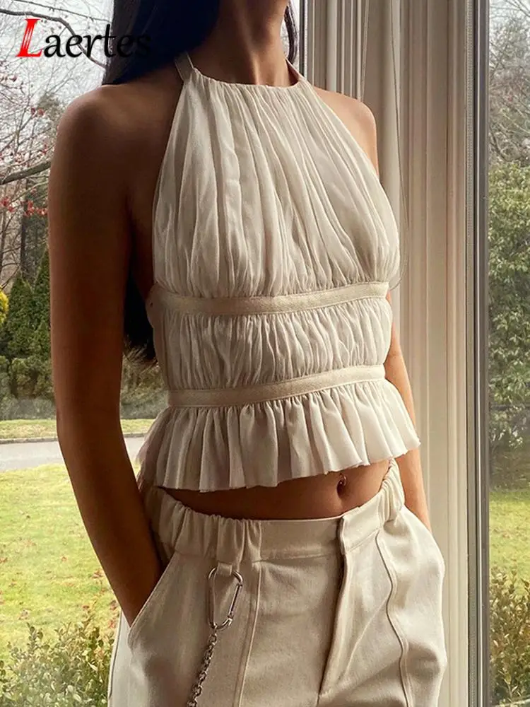 

Laertes сексуальный укороченный топ с открытой спиной для женщин Y2k плиссированный топ с лямкой на шее на шнуровке без бретелек Белый Лето 2022 По...