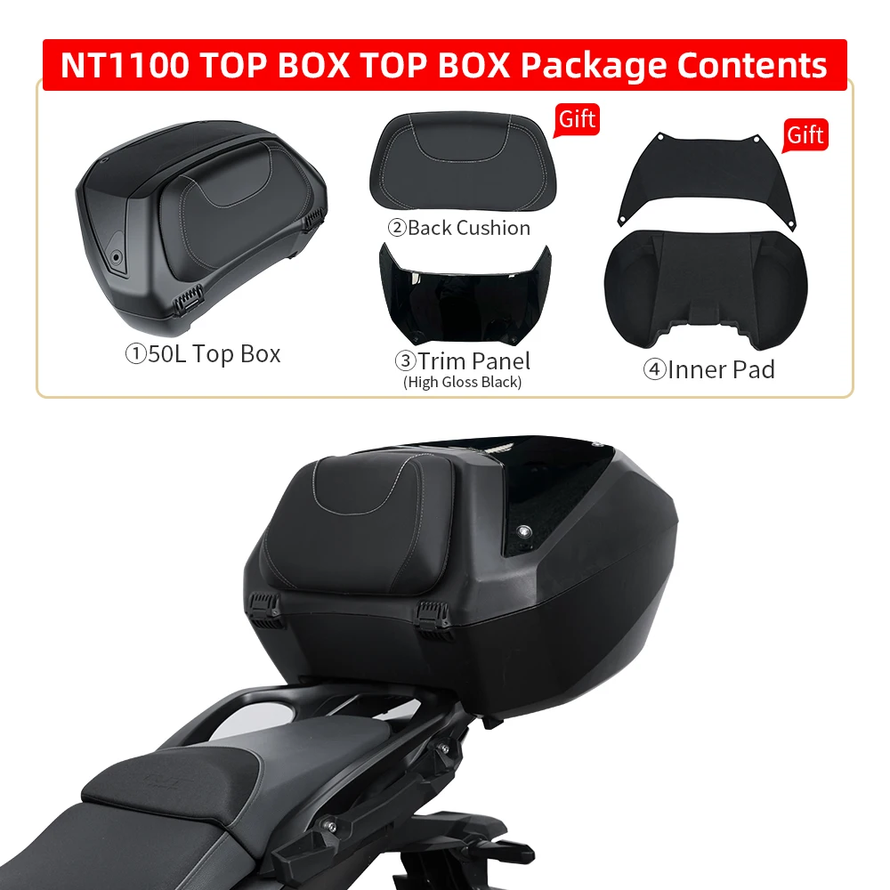 

Подходит для мотоцикла Honda NT1100, задний кофр 50 л, большой объем, установка без сверления.