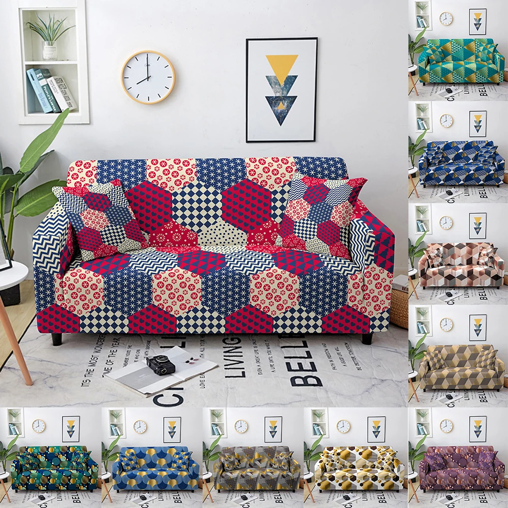 Эластичный чехол для дивана в клетку с геометрическим рисунком |