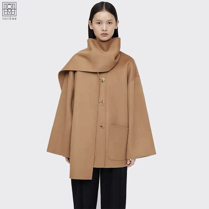 

Original Toteme Women Coat Wool Camel Color Full Sleeves Single Breasted Oversize Casual Jacket Brief Scarf Collar Coat