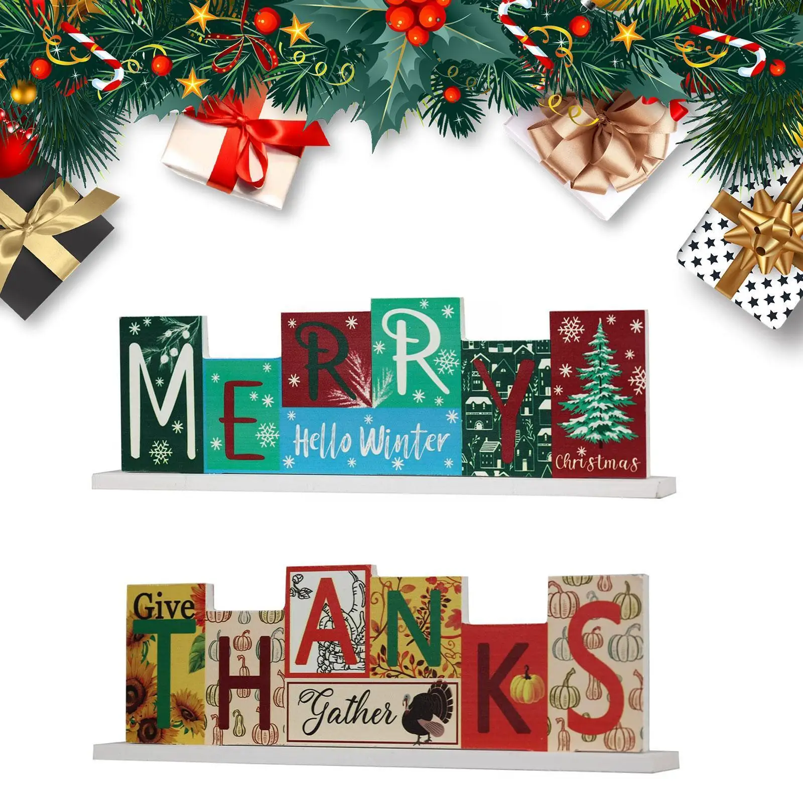 

1pc "merry Thanks" Letters Wooden Table Decoration Rustic Sign Tray Farmhouse Holiday Backdrop Tier Cartoon Party I4i1