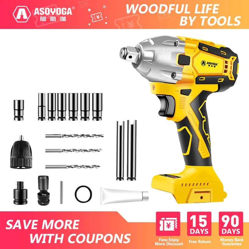 

ASOYOGA 21V электрический гайковёрт акмуляторный ударный акум 380N.m бесщеточный ключ для автомобильных шин беспроводные электроинструменты Гайк...