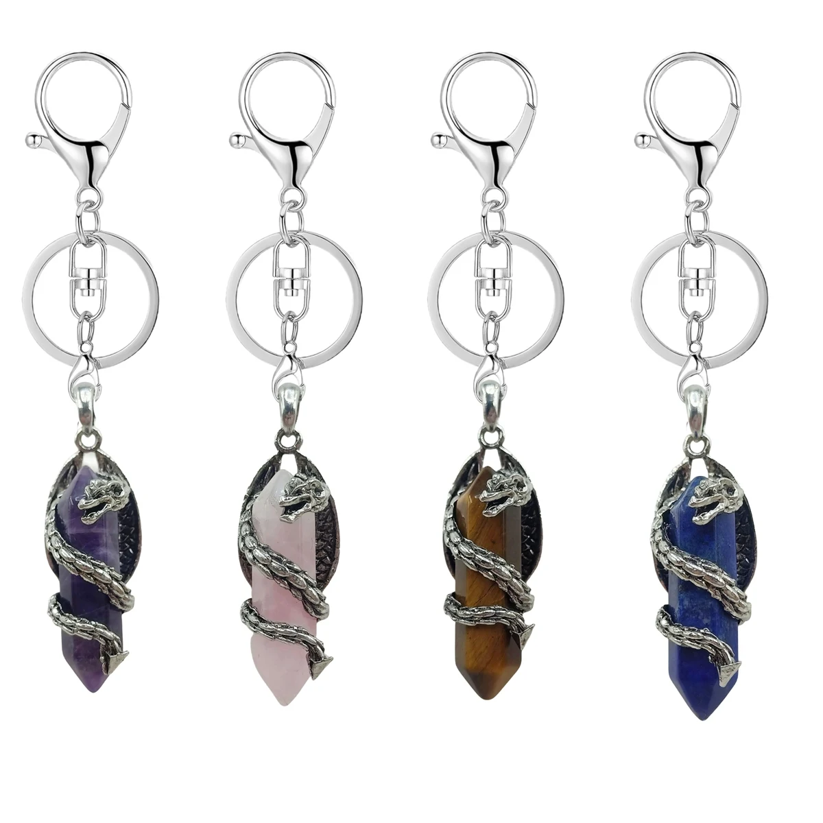 

Fashion Hexagonal Prism Wrapped Dragon Keychain for Women Men Healing Chakra Crystal Point Energy Amulet Pendant Keyring Jewelry