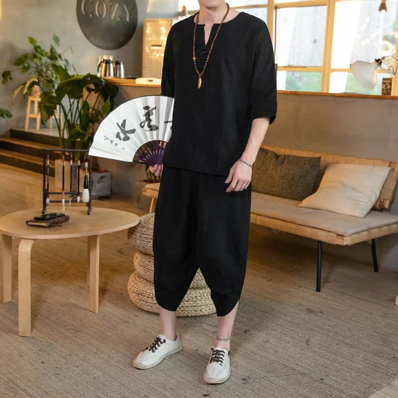 New men's thin linen suit summer Chinese loose large cotton and linen 2 pieces / suit short sleeve trousers 2 pieces set men