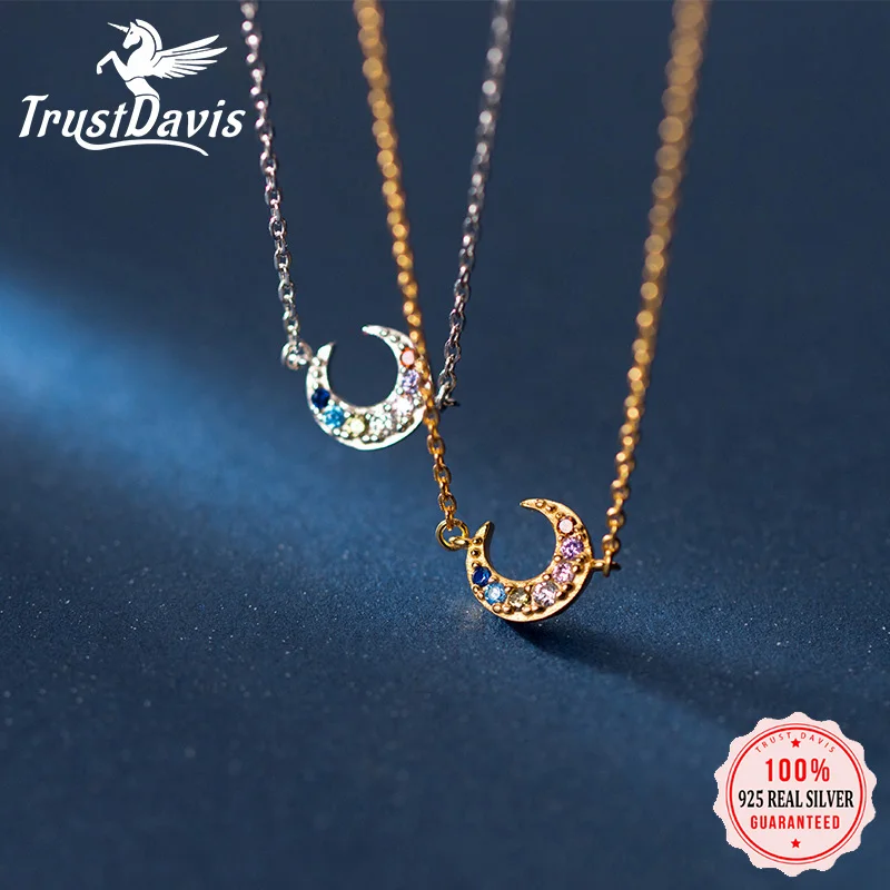 

TrustDavis, новинка, Лидер продаж, серебряный и золотой цвет, Милая луна, ослепительные CZ короткие ожерелья, подвески, женские серебряные ювелирн...