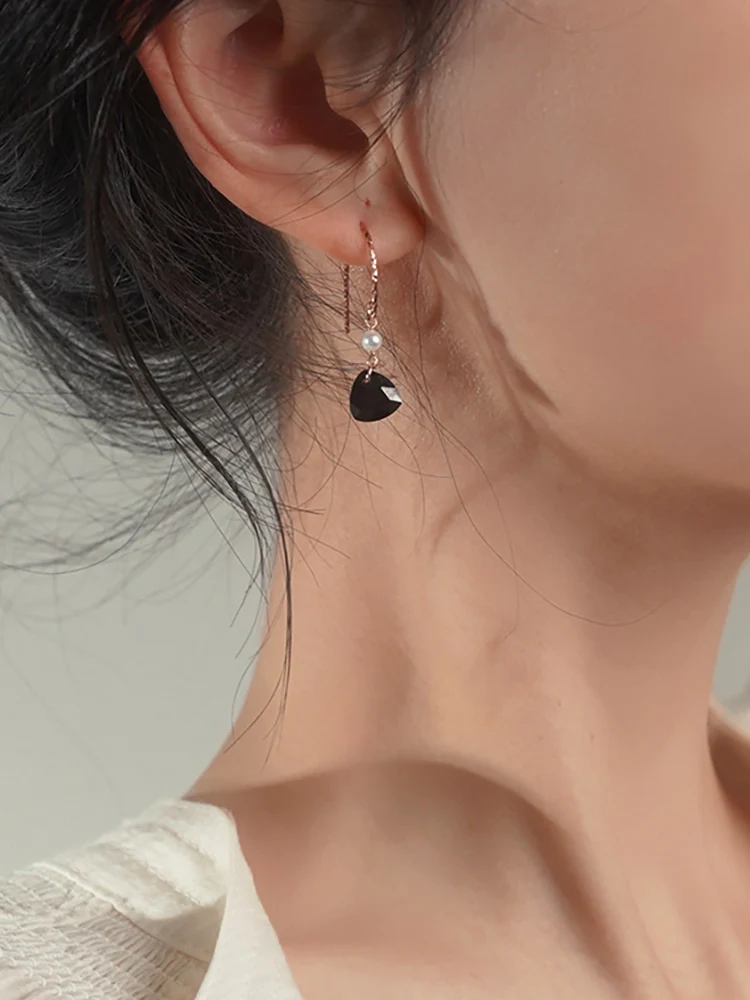 Yeajewel темперамент треугольник черный циркон жемчуг висячие серьги 925 серебряный