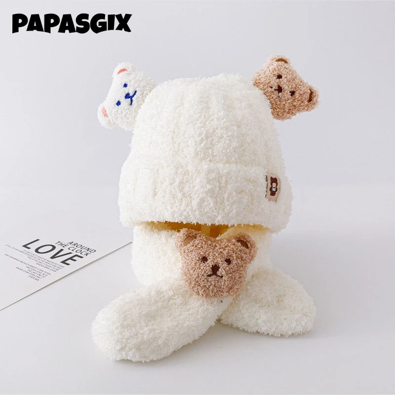 

New Toddler Infant Kid Baby Girls Boys Warm Hat Cute Bear Print Plush Cats + Scarf Outfits Soft Plush Baby Hat Scarf 6M-5Y