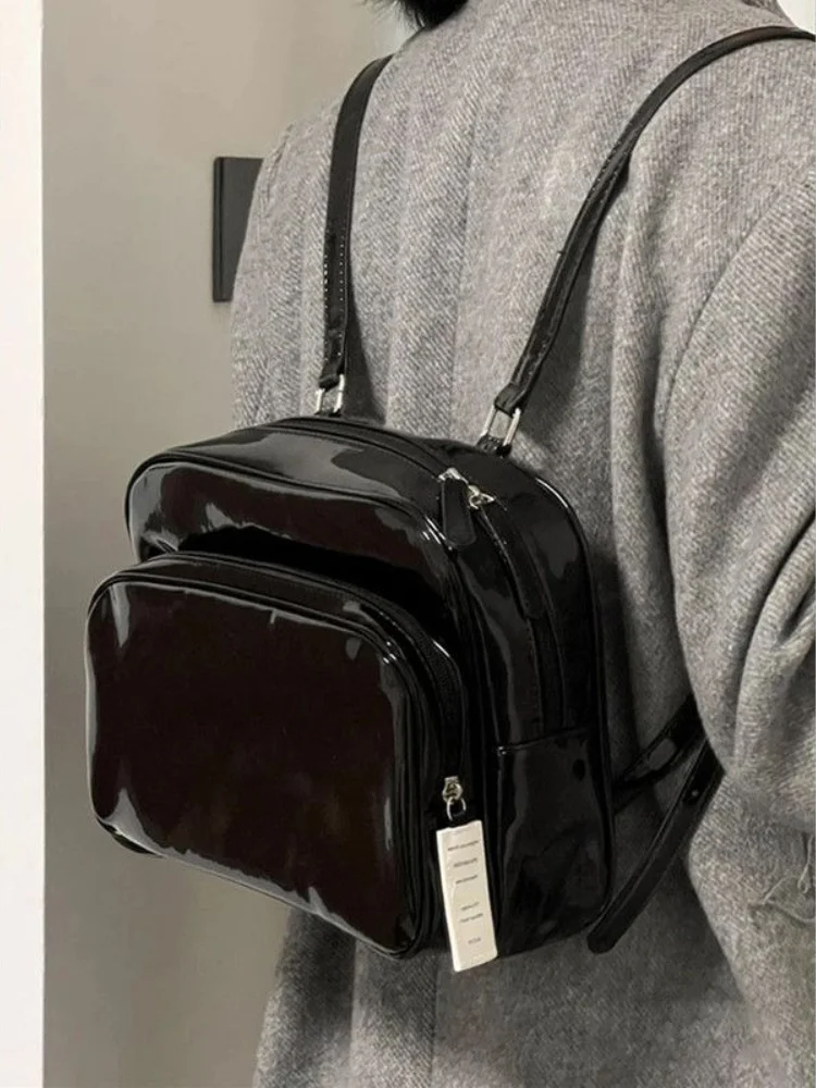 Patent Leather Backpack for Women 2023 Spring Fashion Korean Style Shoulder Bag Trendy Daily Casual Black Backpack