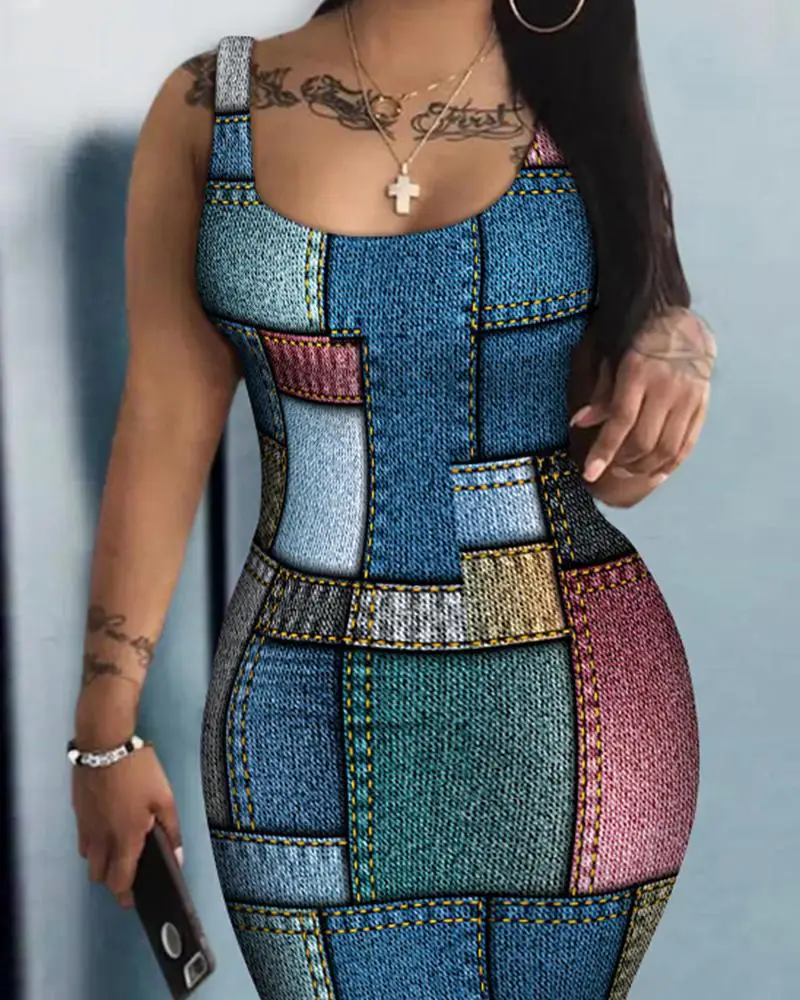 

Denim Look Print Sleeveless U-Neck Bodycon Dress Women Spring Summer Fashion Casual Slim Party Dress