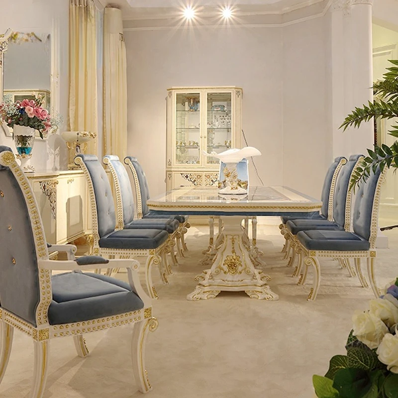 

Роскошные резные обеденные столы и стулья в стиле ретро с синим шпоном и коллажем 2,5 метров
