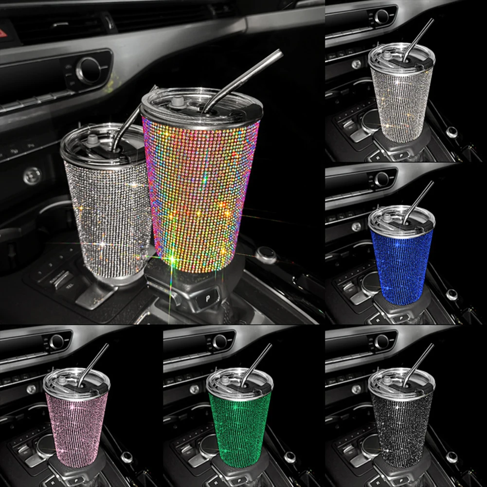 Shining Diamond Car Thermos Bottles Stainless Steel Tumblers with Straw Portable Water Bottle Coffee Mug Girl Women Xmas Gifts