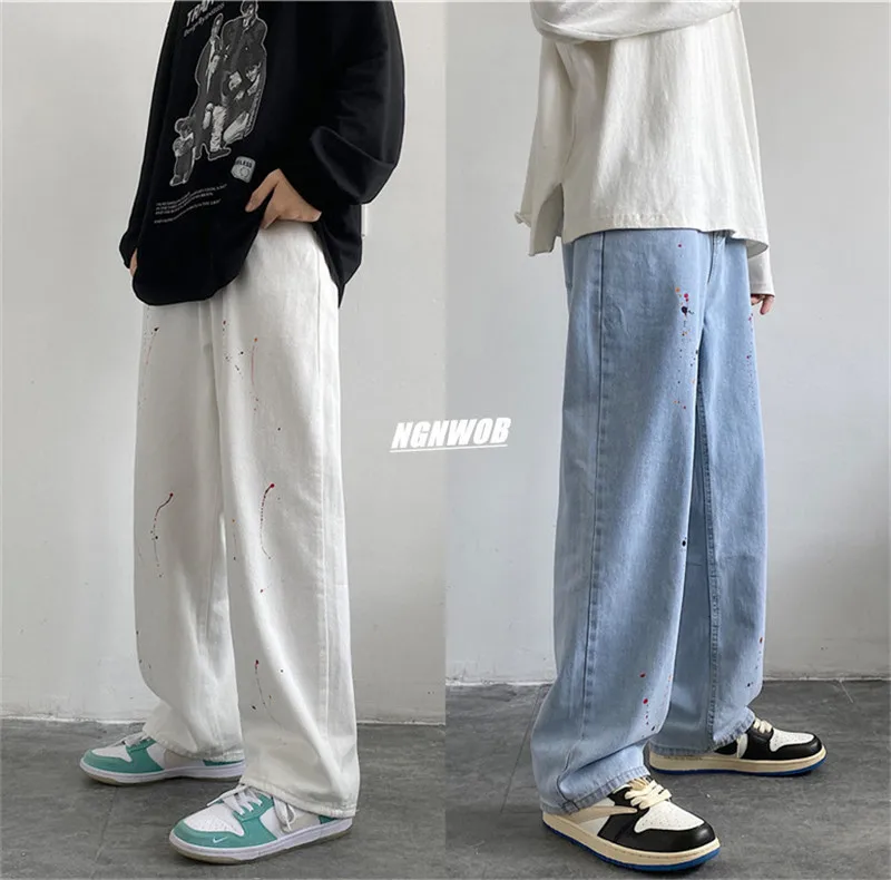 Ink Splash Print Men's Jeans Straight Loose Solid Color Casual Pants Y2k Korean Style Clothes Hot Sale Jeans Baggy Jeans