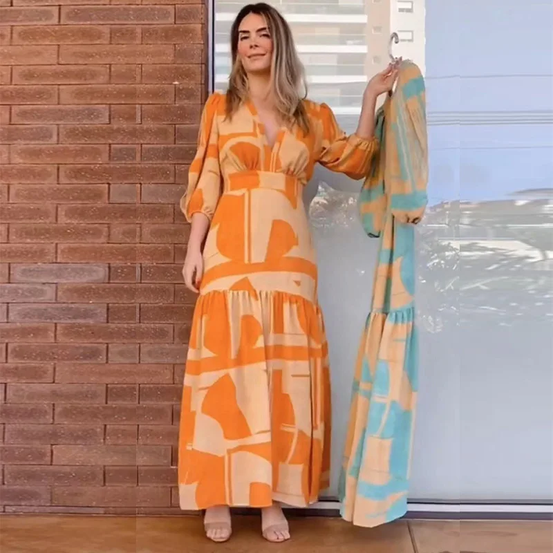 

Женское платье с высокой талией, Элегантное повседневное платье до щиколотки с винтажным принтом, V-образным вырезом и рукавом до локтя, лет...