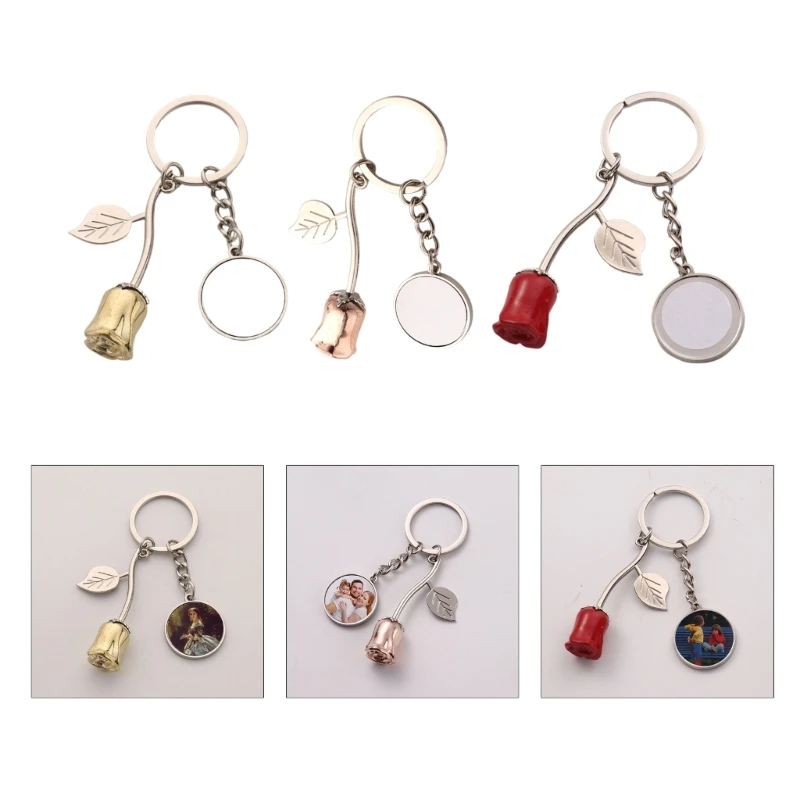 

Metal Rose Flower Heat Transfer Keychain Women Sweet Car Keyring Sublimation Blank Keychain Backpack Pendant Charm Decoration