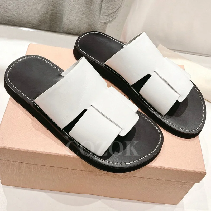 

New Slippers Ladies Summer Genuine Leather Material Lightweight Flat Slippers High-Quality Simplicity Retro Style Female Sandals