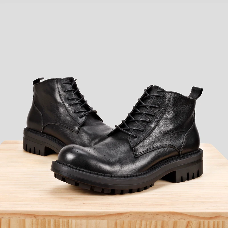 

Genuine Leather Autumn Winter High-top Brogue Shoes Luxury Men's Shoes British Style Martin Boots Thick-soled Casual Men's Boots