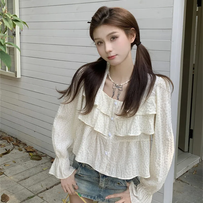 Рубашка женская прямая в горошек милая блузка с оборками топ квадратным вырезом