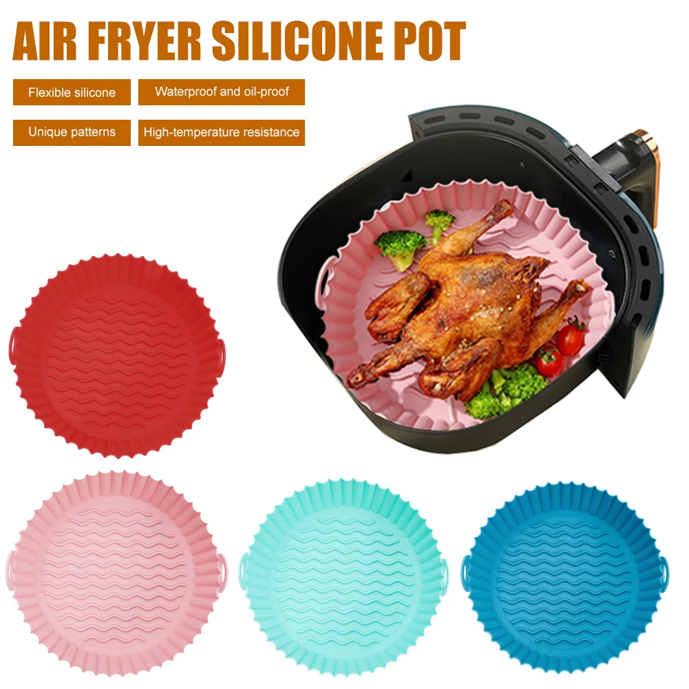 

New Air Fryer Silicone Pot Round Reusable Air Fryers Oven Baking Tray Fried Chicken Basket Mat Replacemen Grill Pan Accessories