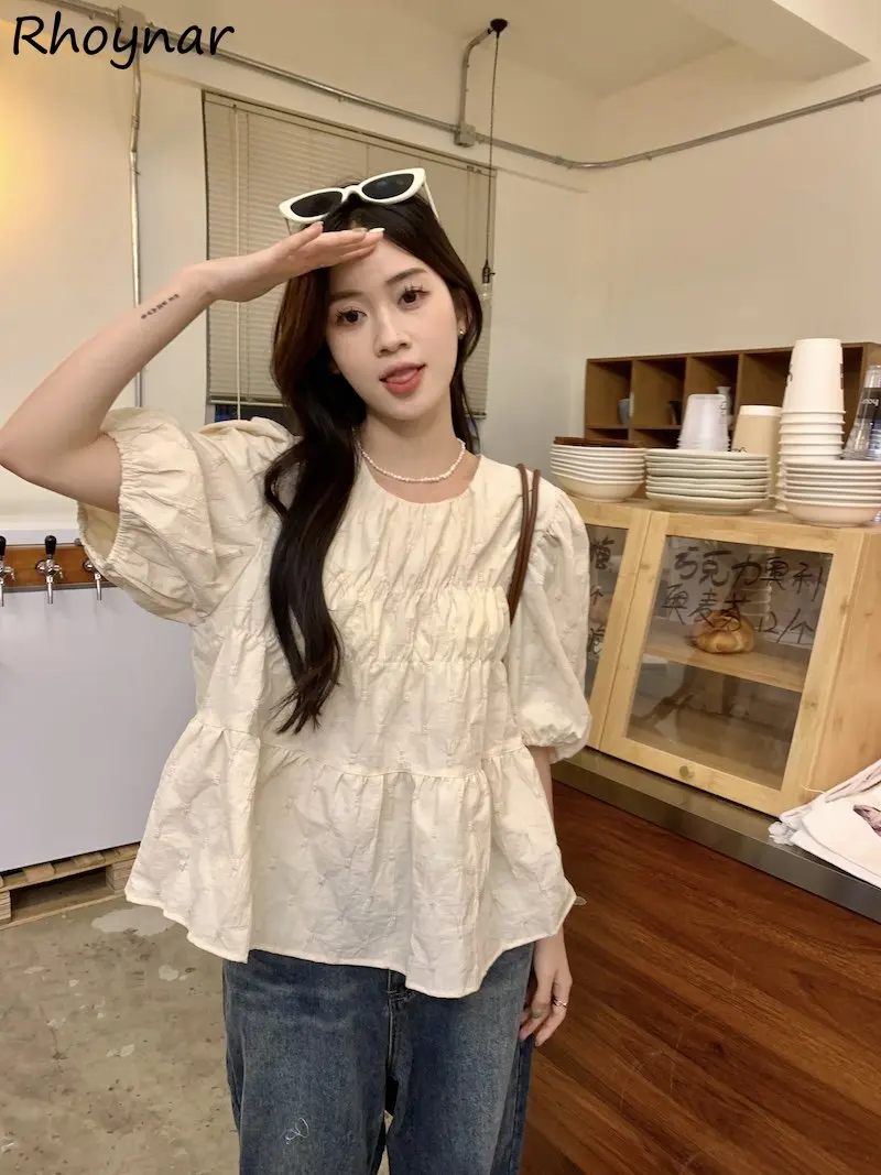 

Baggy Sweet Blouses Women Solid Puff Sleeve Literary French Style Summer Elegant Office Lady Young Simple Folds Vacation Leisure