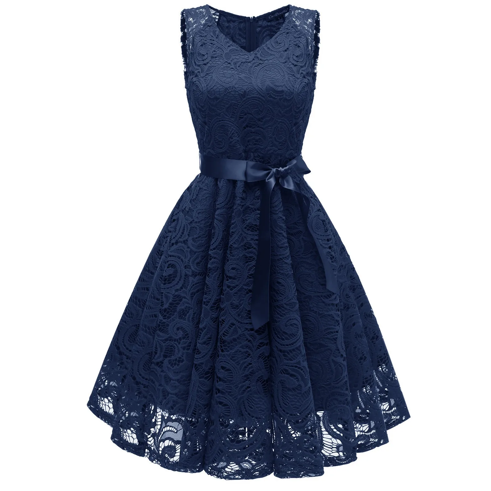 

Lace Hollow Out Fit And Flare Dresses Women Summer Casual Floral Crochet Party Dress Sleeveless V-Neck Wedding Guest Swing Dress