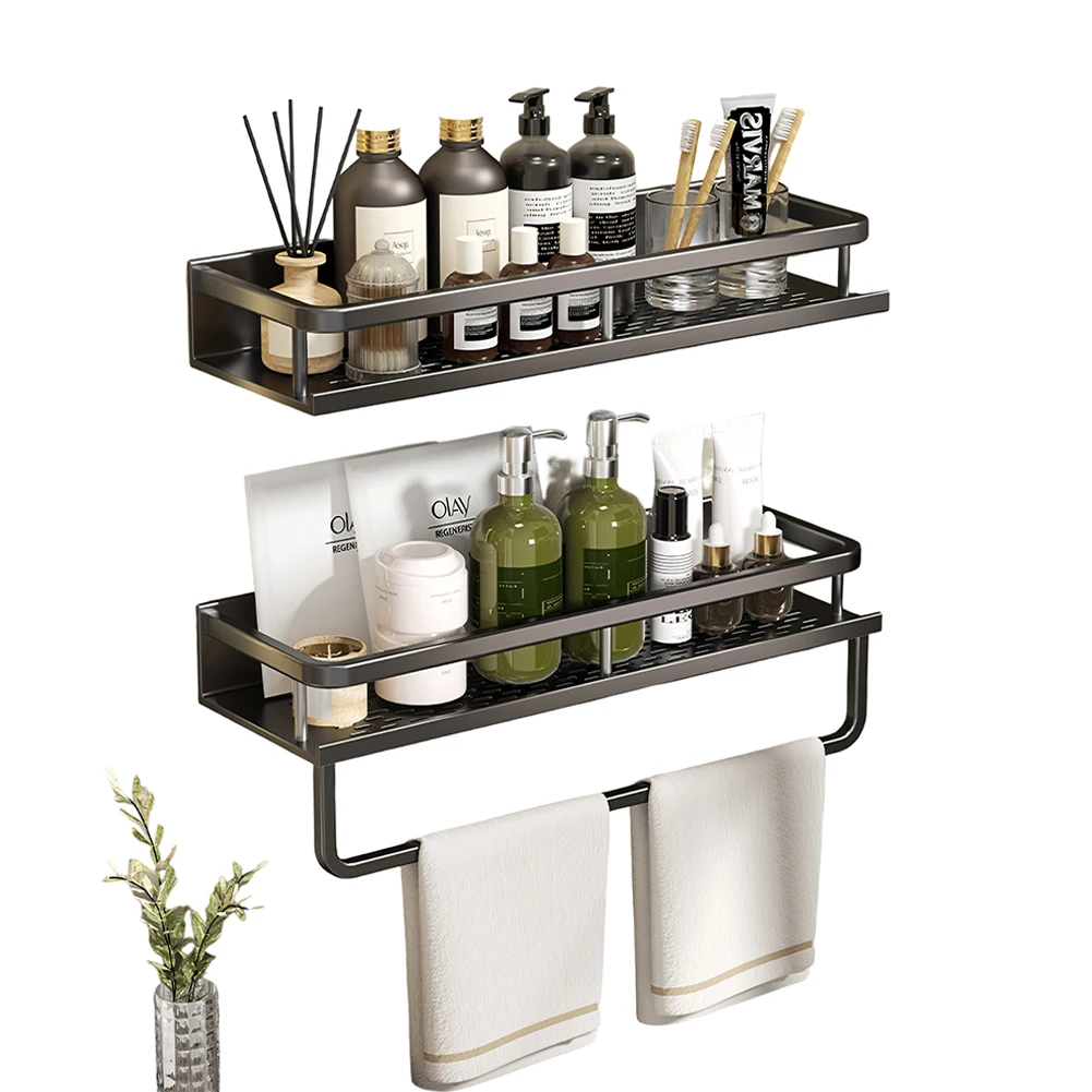 

30-50CM Bathroom Accessories Shelf Organizer Black Wall-mounted Shower Storage Rack No-punch Shampoo Holder Washroom Shelves