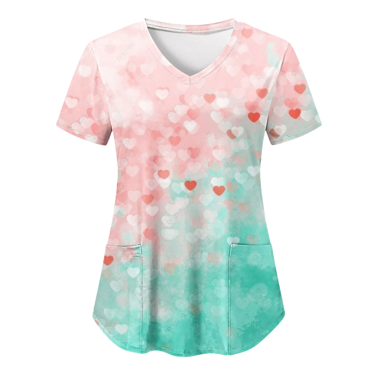 

Valentines Day Nurse Uniform Women Short Sleeve V-neck Gradient Working Shirt Top Scrubs Heart Print Tunic Medicals Spa Uniform