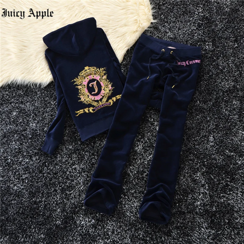 Juicy Apple Tracksuit Woman 2022 Velvet Fabric Casual Fashion Sets Hoodies Tops And Sweat Pants Two Piece Sets Womens Outifits