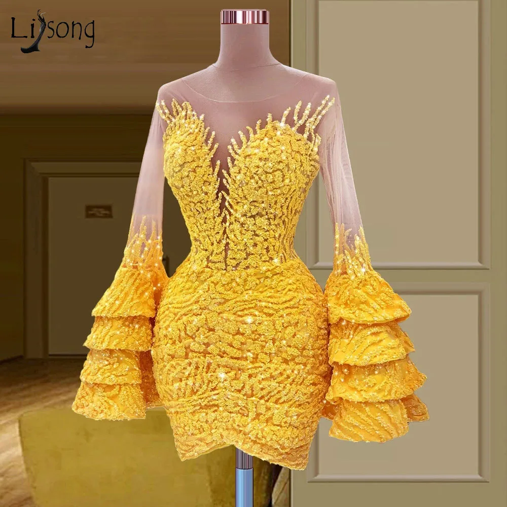 

Exquisite Sequins Lace Prom Dresses Short Yellow Arabic Sparkly Mini Cocktail Dress Long Sleeves Chic Party Gowns Abendkleider