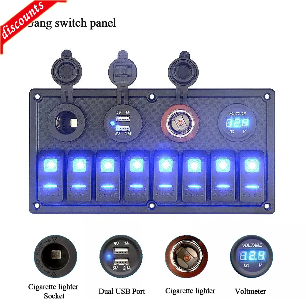 

8 Gang Rocker Switch Panel Car Boat Voltmeter Cigarette Lighter Socket Dual USB Charging Ports Breakers for 12-24V Ship RV