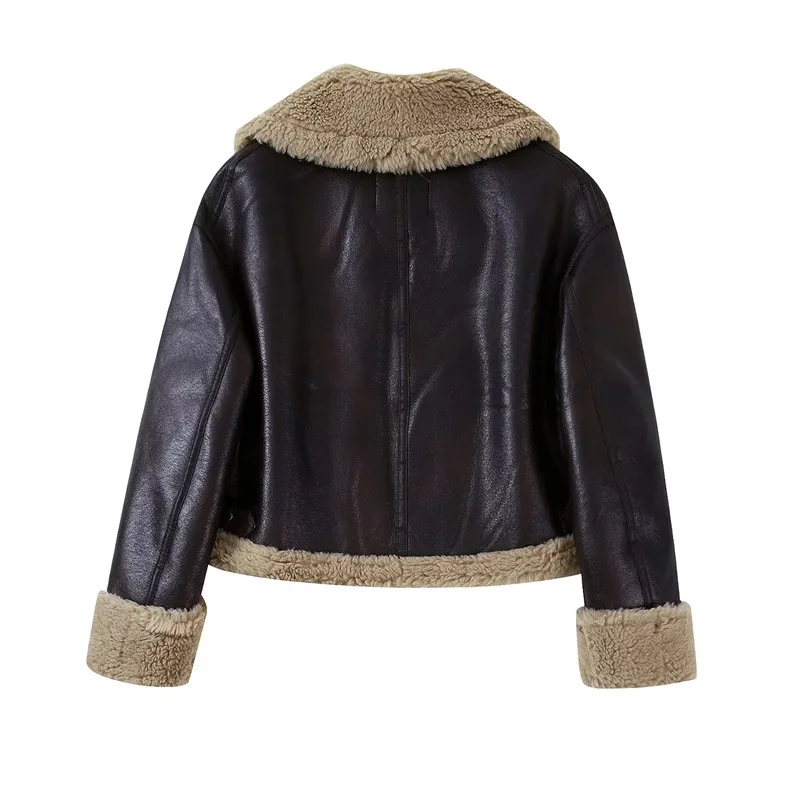 Women's clothing 2022 autumn new hot street fashion metal button lapel fleece jacket polyester PU fur patchwork coat