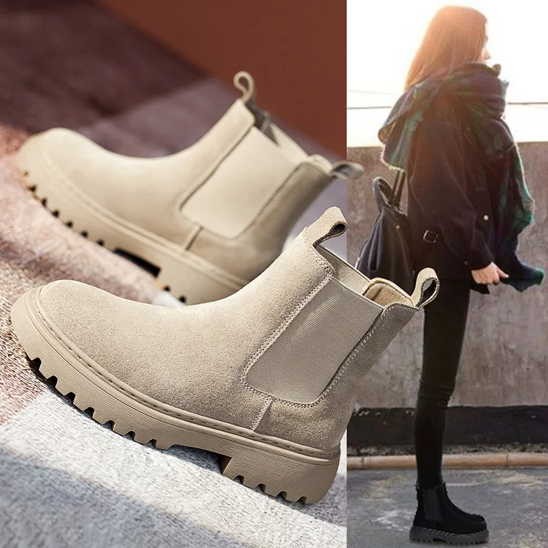 Brand New Chelsea Boots Soft Leather Ankle Booties Women Autumn Slip-On Platform Shoes Fashion Femme Plush Warm Winter 2022