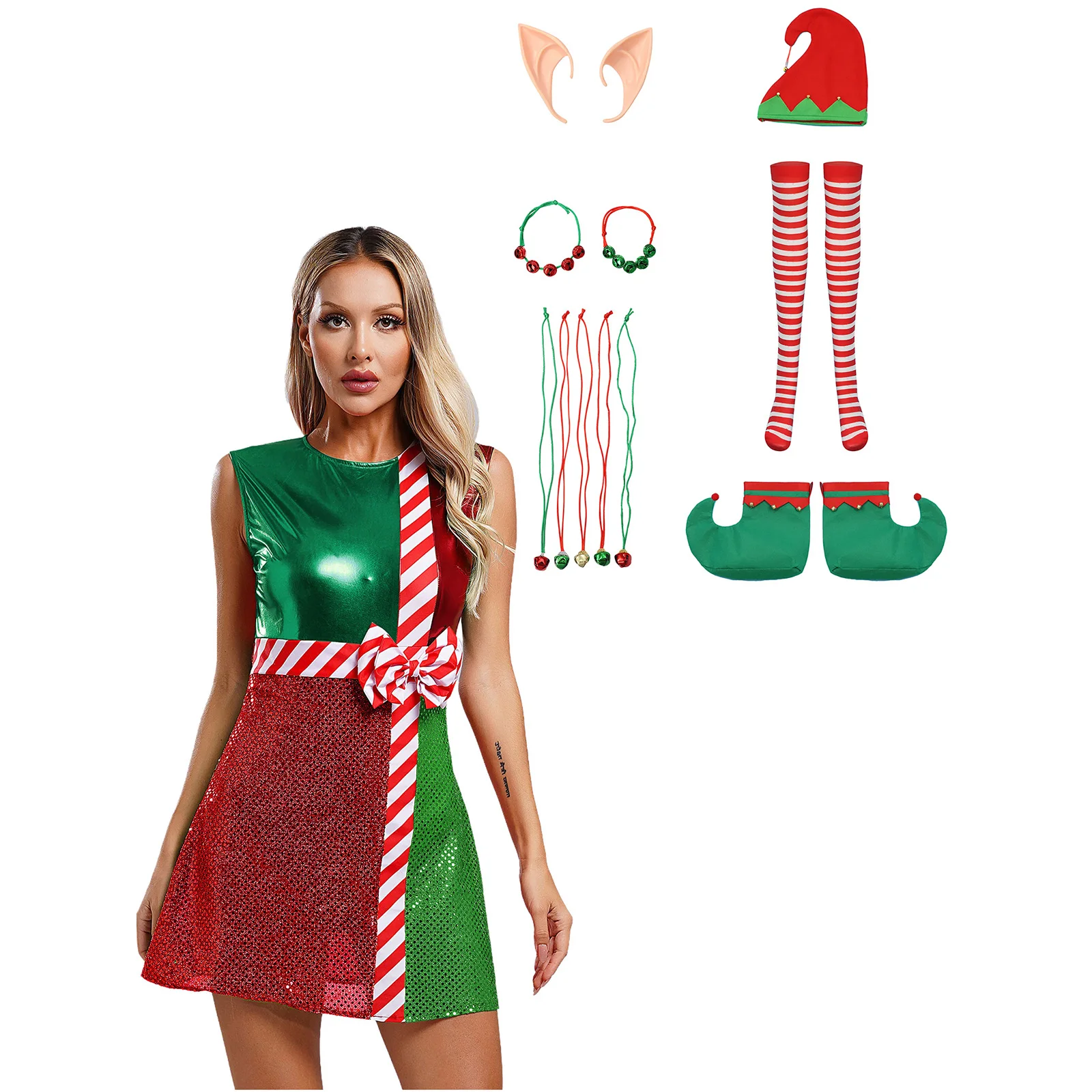 7 шт. женский рождественский костюм платье без рукавов с блестками и бантом шляпа