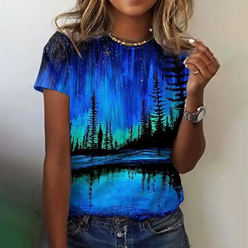 

Повседневная Эластичная женская футболка, женский топ с 3D принтом дерева и озера