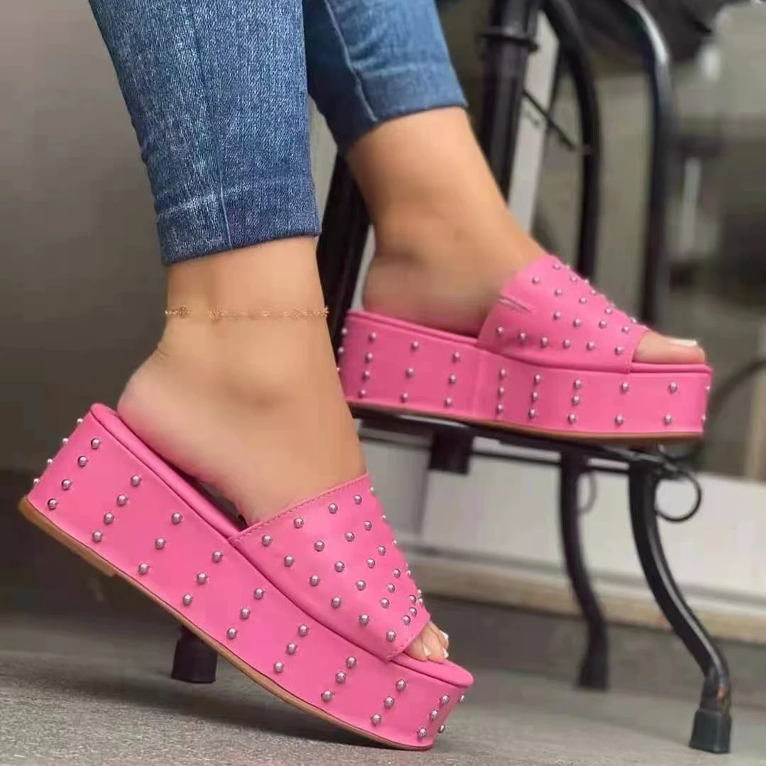 

New Summer Platform Slides Women Shoes Checkered Height Increasing Bottom Pink Flip Flops Crystals Slippers Zapatos Para Mujer