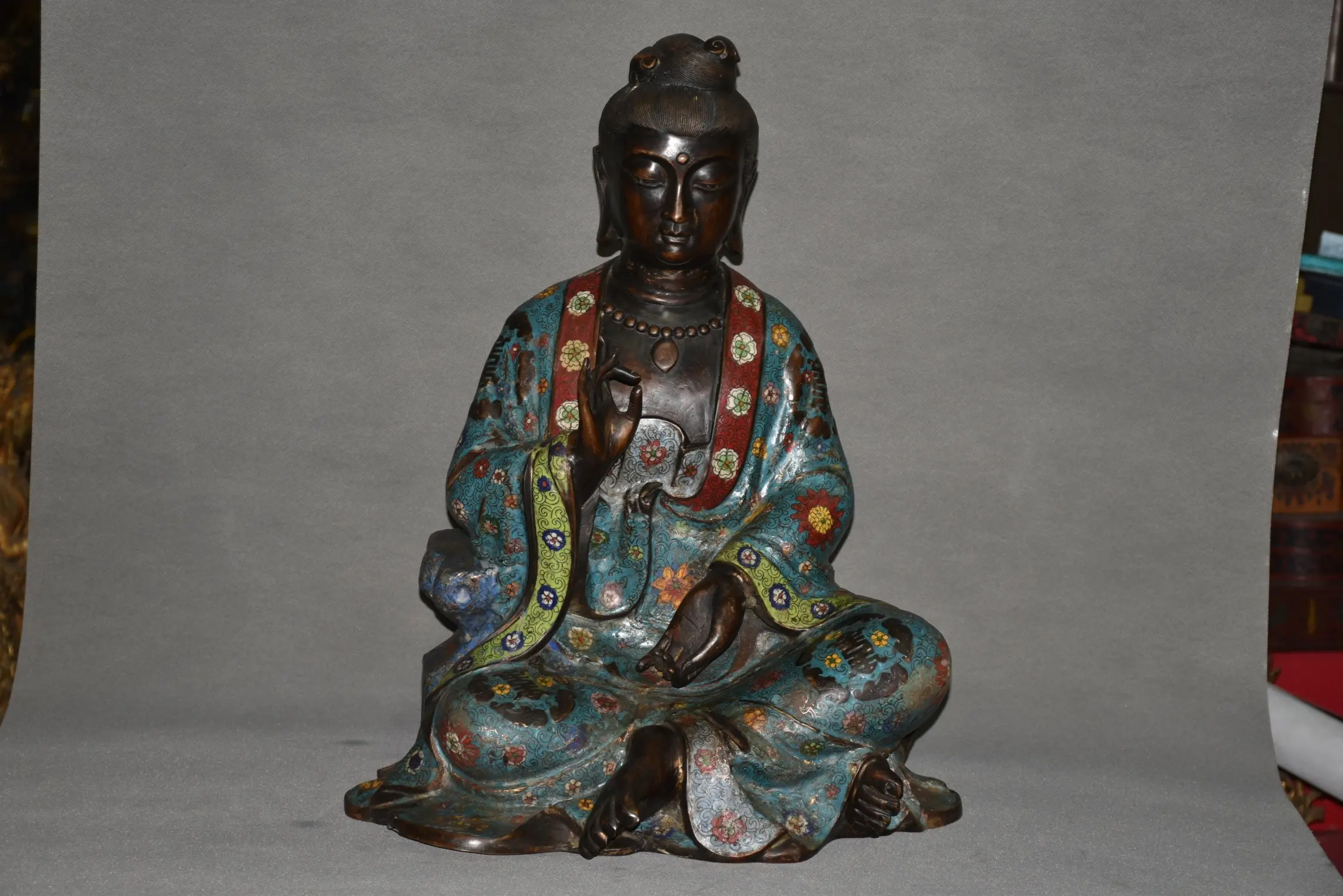 

23" Chinese Folk Collection Old Bronze Cloisonne Enamel Avalokitesvara Buddha Sitting Buddha worship buddha ornament Town house